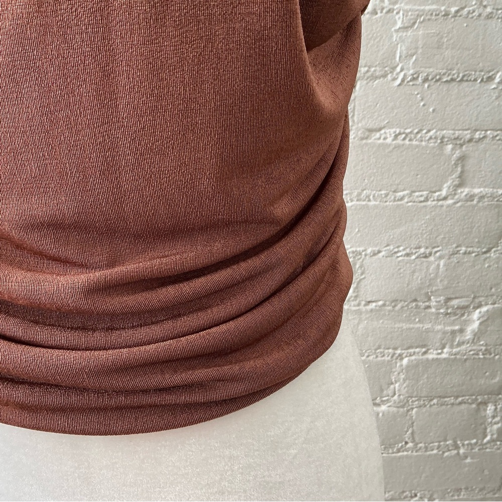 Moa Moa Womens Draped One Shoulder Asymmetric Top Size L Ruched Stretch Brown - Picture 6 of 11
